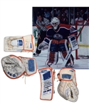 Grant Fuhrs Late-1980s Edmonton Oilers Game-Worn D&R Goalie Glove and Blocker - Photo-Matched!