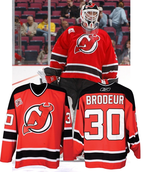 Martin Brodeurs 2006-07 New Jersey Devils "448th Win" Game-Worn Jersey with LOA - 25th Anniversary Patch! - Record-Breaking Season! - Photo-Matched!
