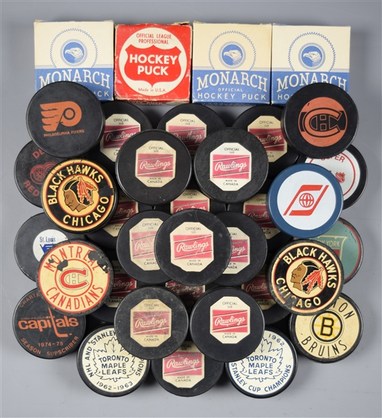 Vintage NHL and Other Puck Collection of 31 with 1967-68 Converse Large Logos (5), 1972-75 Rawlings (13) and Much More!