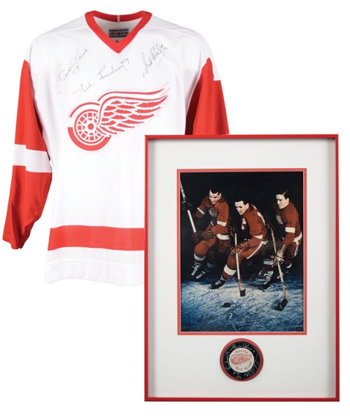 Gordie Howe, Sid Abel and Ted Lindsay "Production Line" Triple-Signed Photo and Puck Framed Display (15 ¾” x 21 ½”) Plus Triple-Signed Jersey 
