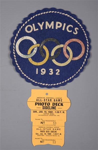 Vintage 1932 Lake Placid Winter Olympics Crest Plus 1968 AFL All-Star Game Photo Deck Pass