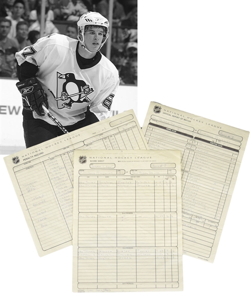 Sidney Crosby October 5th 2005 Pittsburgh Penguins "First NHL Game and Point" Official NHL Score Sheet, Report of Match and Penalty Record Documents