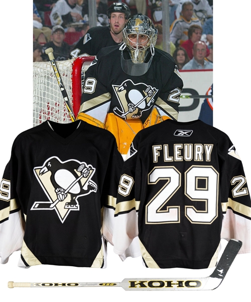 Marc-Andre Fleurys 2005-06 Pittsburgh Penguins Game-Worn Jersey and 2003-04 Koho Game-Used Rookie Season Stick