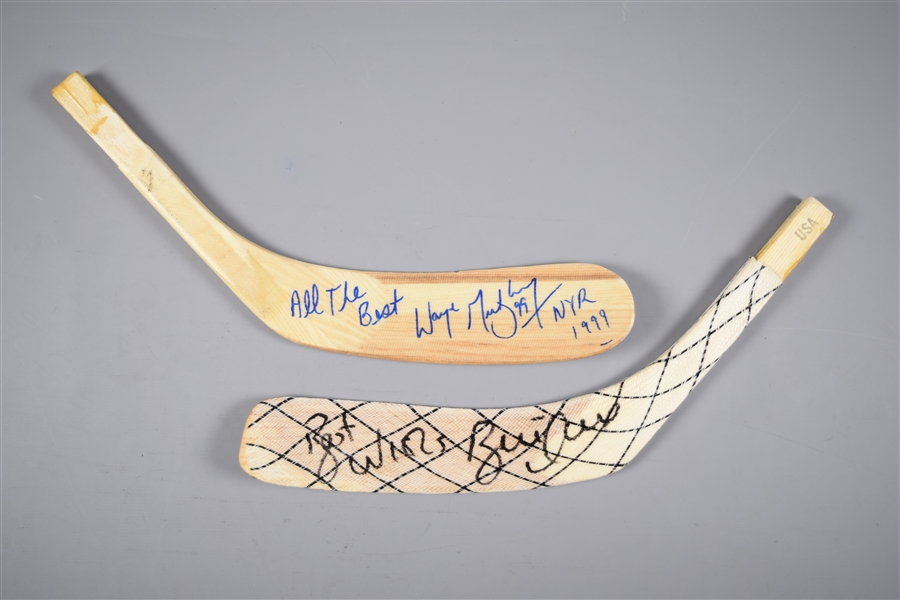 Wayne Gretzky NY Rangers and Brett Hull Signed Game-Issued Stick Blades