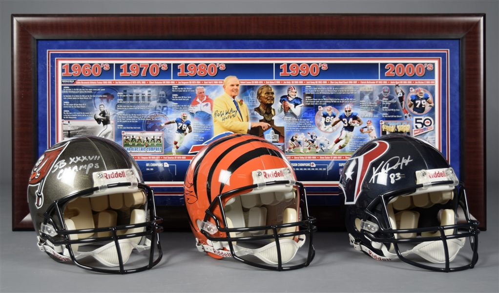 Mike Alstott (Buccaneers), Chad Johnson (Bengals) and Kevin Walter (Texans) Signed Full-Size Riddell Helmets with COAs Plus Ralph Wilson Jr. Signed Framed Poster