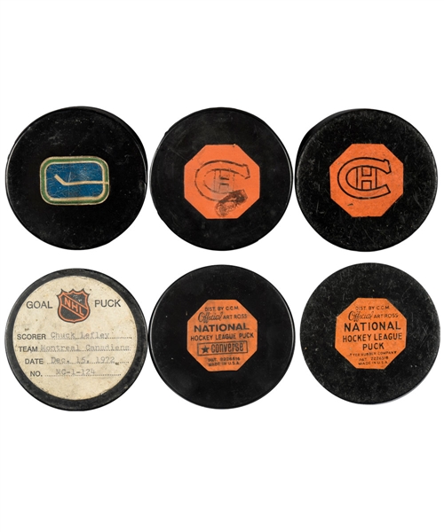 1958-62 and 1967-68 Montreal Canadiens "Original Six" Art Ross Game Pucks Plus 1972 Goal Puck from the NHL Goal Puck Program 