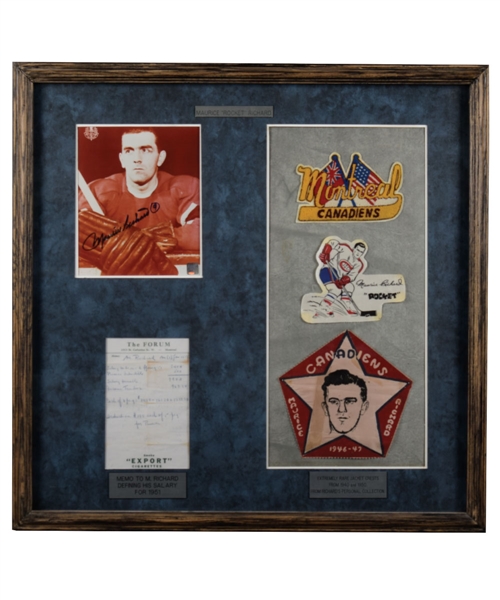 Maurice "Rocket Richards Montreal Canadiens Hockey Crests (3), Signed Photo and 1951 Salary Document Framed Display
