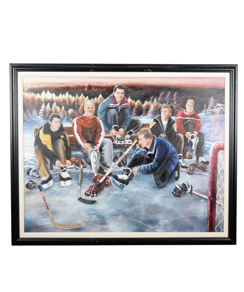 Pond Hockey Greats Richard, Gretzky, Howe, Lemieux, Orr and Hull Original Framed Painting by Renowned Artist Murray Henderson (36" x 45") 