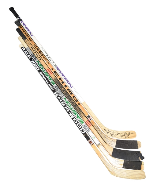 Brett Hulls HOFers Game-Used Stick Collection of 5 - Stastny, Goulet, Chelios, Barber and Mark Howe