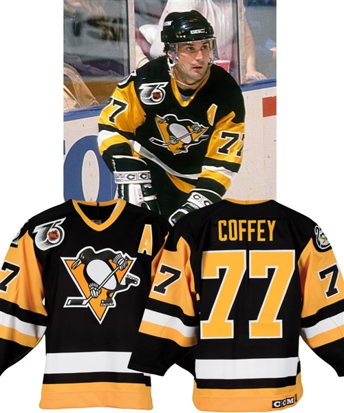 Paul Coffeys 1991-92 Pittsburgh Penguins Game-Issued Alternate Captains Jersey - 25th & 75th Patches!