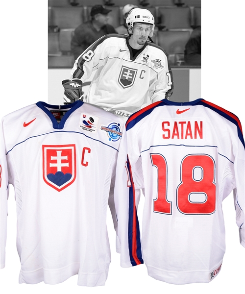 Miroslav Satans 2004 World Cup of Hockey Team Slovakia Game-Worn Captains Jersey with NHLPA LOA - Photo-Matched!