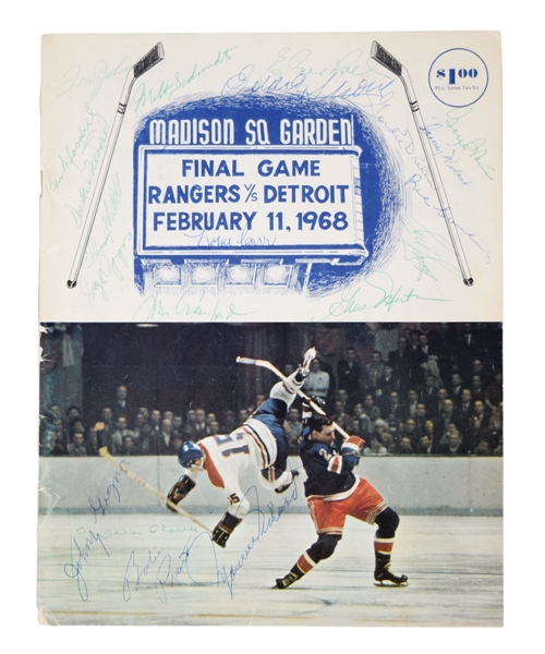 New York Rangers 1968 Final Game at MSG Program Signed by 20 with Plante, Shore, Drillon, Cowley and Others