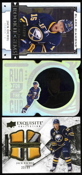 Jack Eichel Buffalo Sabres 2015-16 Exquisite Collection #R4-JE Rookie Quad Jerseys (23/99) and Black Diamond #RG-JE Rookie Gems (55/399) Plus 2016-17 Black Diamond #RUN-JE Run for the Cup     