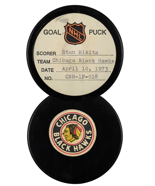 Stan Mikitas Chicago Black Hawks April 10th 1973 Playoff Goal Puck from the NHL Goal Puck Program - 1st Playoff Goal of Season / Career Playoff Goal #42