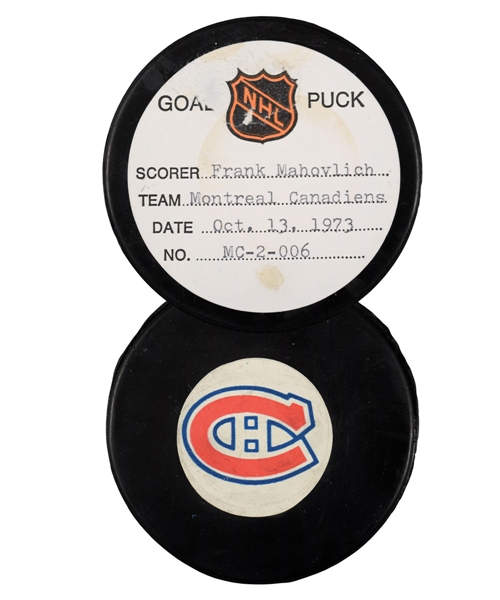 Frank Mahovlichs Montreal Canadiens October 13th 1973 Goal Puck from the NHL Goal Puck Program - 1st Goal of Season / Career Goal #503