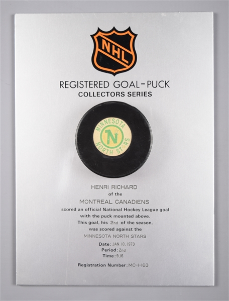 Henri Richards Montreal Canadiens January 10th 1973 Goal Puck Plaque from the NHL Goal Puck Program - 2nd Goal of Season / Career Goal #330