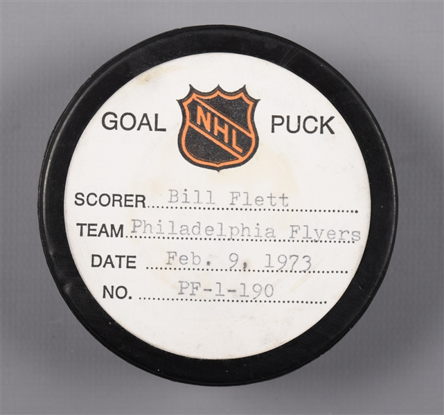 Bill Fletts Philadelphia Flyers February 9th 1973 Goal Puck from the NHL Goal Puck Program - 30th Goal of Season / Career Goal #125