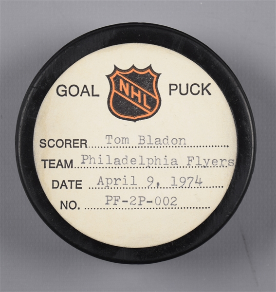 Tom Bladons Philadelphia Flyers April 9th 1974 Playoff Goal Puck from the NHL Goal Puck Program - 1st Playoff Goal of Season / Career Playoff Goal #1