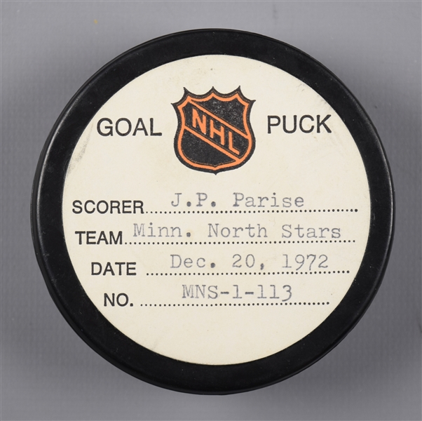 J.P. Parises Minnesota North Stars December 20th 1972 Goal Puck from the NHL Goal Puck Program - 12th Goal of Season / Career Goal #101