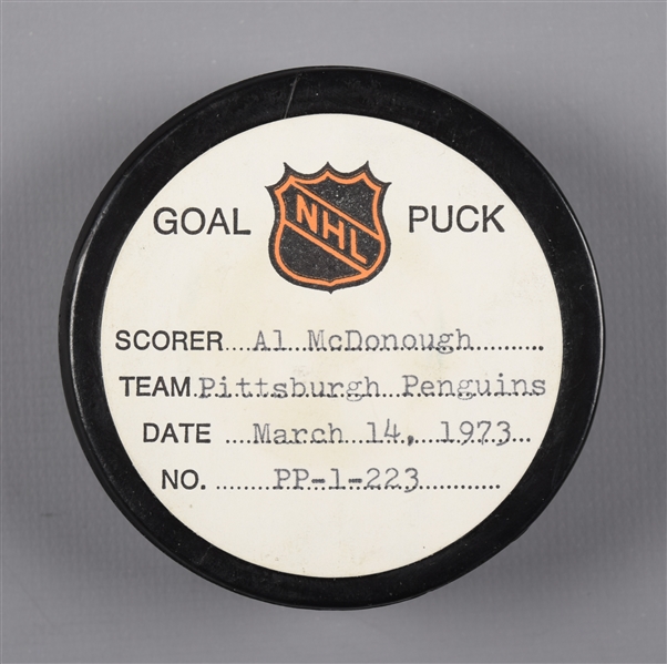 Al McDonoughs Pittsburgh Penguins March 14th 1973 Goal Puck from the NHL Goal Puck Program - 30th Goal of Season / Career Goal #42