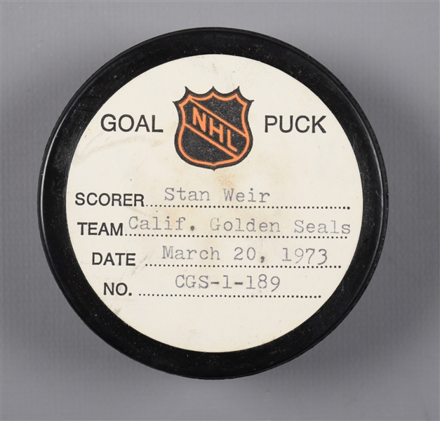 Stan Weirs California Golden Seals March 20th 1973 Goal Puck from the NHL Goal Puck Program - 15th Goal of Season / Career Goal #15