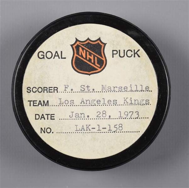 Frank St. Marseilles Los Angeles Kings January 28th 1973 Goal Puck from the NHL Goal Puck Program - 8th Goal of Season / Career Goal #87