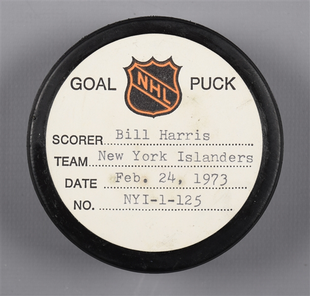 Bill Harris New York Islanders February 24th 1973 Goal Puck from the NHL Goal Puck Program - 19th Goal of Season / Career Goal #19