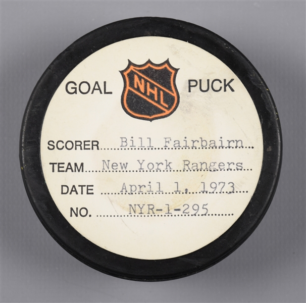 Bill Fairbairns New York Rangers April 1st 1973 Goal Puck from the NHL Goal Puck Program - 30th Goal of Season / Career Goal #82
