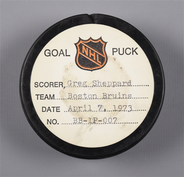 Greg Sheppards Boston Bruins April 7th 1973 Playoff Goal Puck from the NHL Goal Puck Program - 2nd Playoff Goal of Season / Career Playoff Goal #2