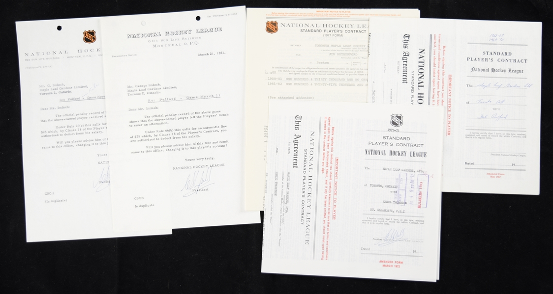 Toronto Maple Leafs 1960s/1980s Official NHL Contract and Document Collection of 5 with Campbell, Imlach, Gregory and Others Signatures
