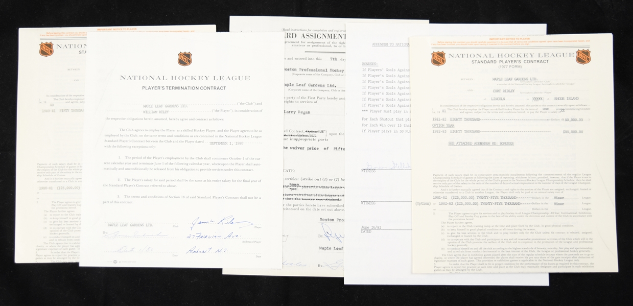 Toronto Maple Leafs 1950s/1980s Official NHL Contract and Document Collection of 5 with Lynn Patrick, Imlach and Others Signatures