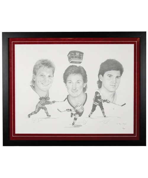 Gretzky, Lemieux and Hull Triple-Signed Joe Theiss "50 Goals in Under 50 Games" Limited-Edition Framed Lithograph AP #99/250 with LOAs (30 ¾” x 38 ¾”) 