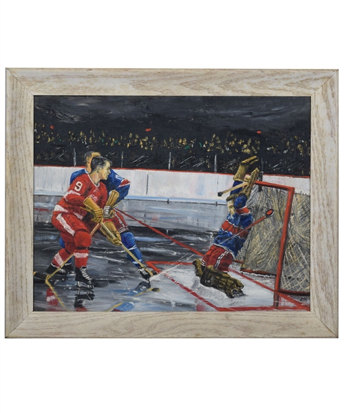 Beautiful 1960s Gordie Howe Detroit Red Wings Action Scene Framed Painting (16 ½” x 20 ½”) 