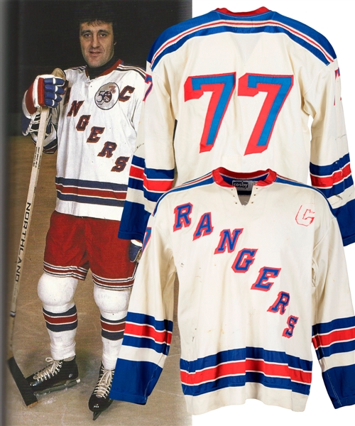 Phil Espositos 1975-76 New York Rangers Game-Worn Captains Jersey with LOA - Photo-Matched!