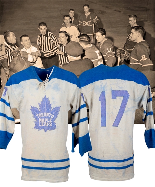 Toronto Maple Leafs Circa 1962-63 Game-Worn Wool Jersey Attributed to Bronco Horvath - 40+ Team Repairs