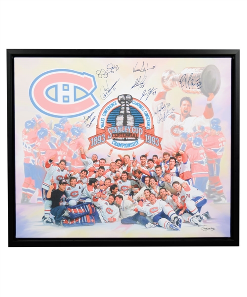 Montreal Canadiens 1992-93 Multi-Signed Framed Print on Canvas with Roy Plus Patrick Roy Signed McFarlane Figurine