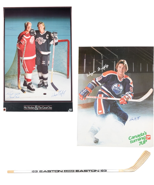 Wayne Gretzky Autograph and Memorabilia Collection of 8 with Signed 7up Poster, Gretzky/Howe Dual-Signed Poster and Gretzky Easton Promo Stick