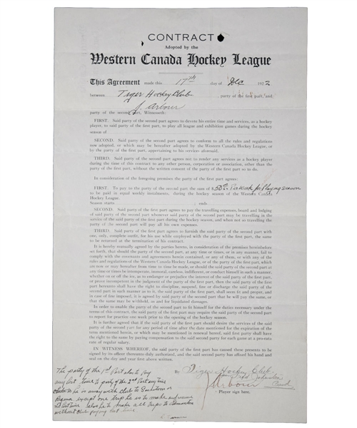 Jack Arbours 1922 Official WCHL Contract Signed by Arbour and Calgary Tigers President Fred Johnston