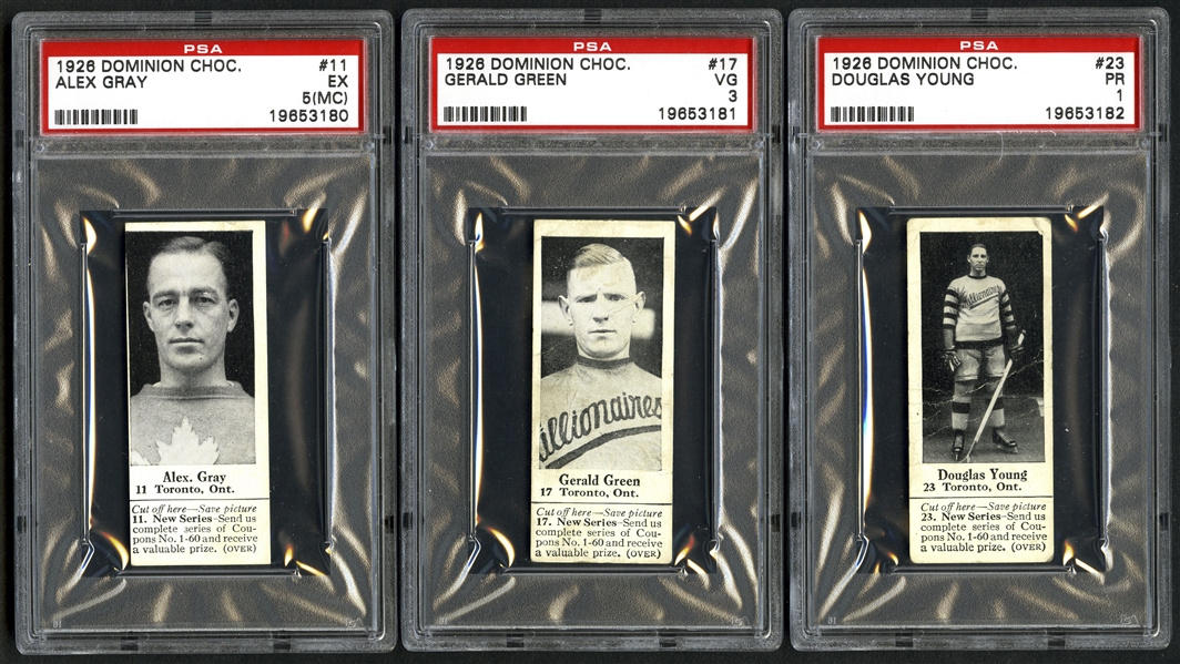 1926 Dominion Chocolate Athletic Stars PSA-Graded Hockey Card (with Tab) Collection of 5 with 3 Highest Graded!