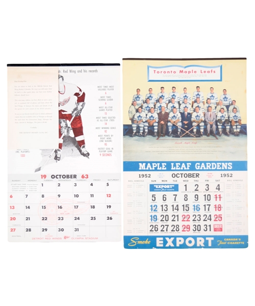 Toronto Maple Leafs 1952-53 MLG Calendar (Small Version) and 1963-64 Detroit Red Wings Calendar Featuring Howe