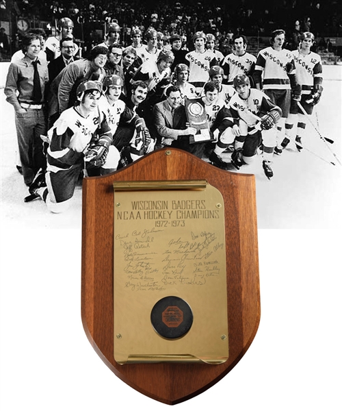 Bob Johnson’s 1972-73 Wisconsin Badgers NCAA Championship Presentational Award Plaque with Game Puck