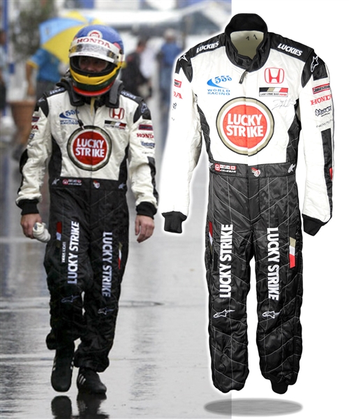 Jacques Villeneuve’s 2003 Lucky Strike BAR Honda F1 Team Signed Alpinestars Race-Worn Suit with His Signed LOA