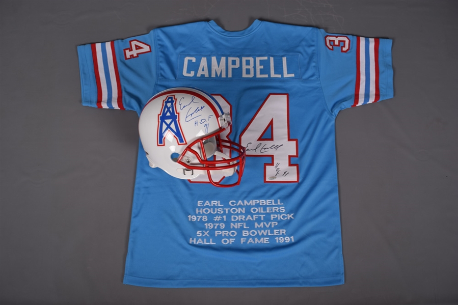 Earl Campbell Signed Houston Oilers Stat Jersey and Replica Helmet from Tri-Star