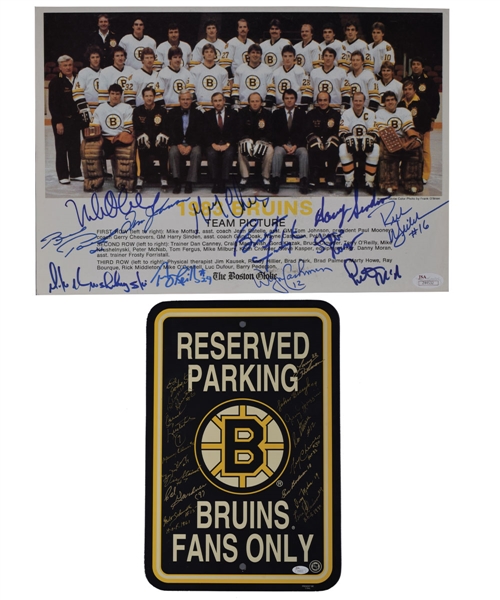 Boston Bruins Autograph Collection with 1983-84 Multi-Signed Team Picture and Reserved Parking Sign with JSA LOAs Plus 35 Signed 8x10 Photos