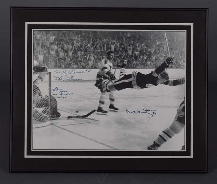 Bobby Orr "The Goal" Framed Photo Display Signed by Orr, Hall and Picard with GNR COA (21 ¼” x 25 ½”) 