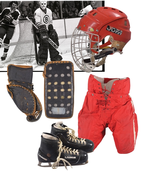 Gilles Gilberts Game-Used Equipment Collection with Red Wings Cage Mask, Skates and Pants Plus Boston Bruins Game-Used Glove and Blocker