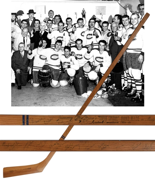 Montreal Canadiens 1950-51 Team-Signed Stick by 18 with 7 Deceased HOFers Including Richard, Geoffrion, Lach and Bouchard