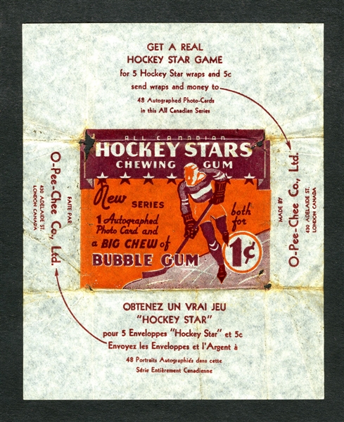 1937-38 O-Pee-Chee "Series E" Hockey Card Wrapper with "Hockey Star Game" Offer