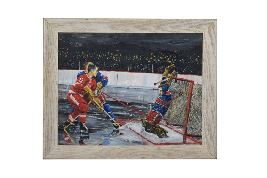 Beautiful 1960s Gordie Howe Detroit Red Wings Action Scene Framed Painting (16 ½” x 20 ½”) 