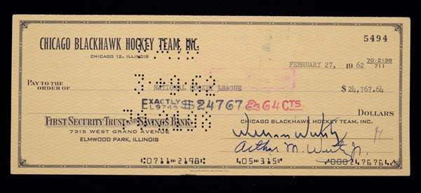 Chicago Black Hawks 1962 Check Made Out to the NHL Signed by Deceased HOFer William Wirtz